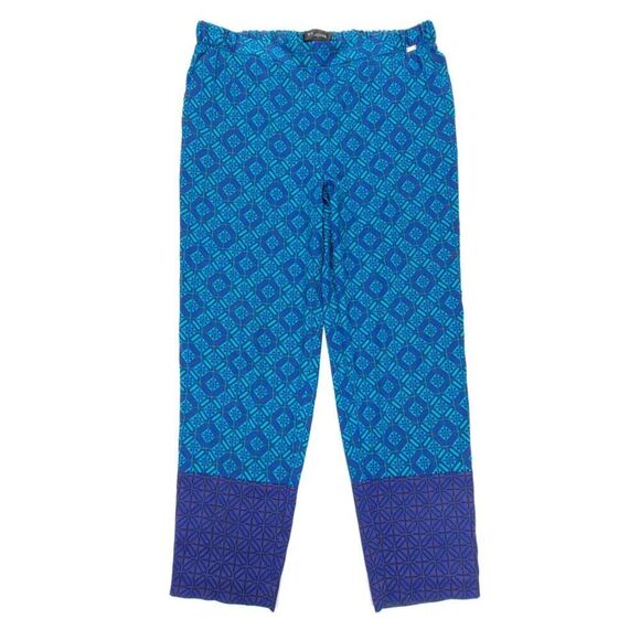 ST JOHN Ratan Print Stretch Silk Twill Pants Ankle Crop Azurite Boho Blue Large - Picture 1 of 7